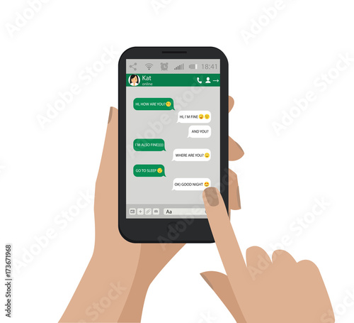 Hand holding mobile phone. Green speech bubbles. Vector
