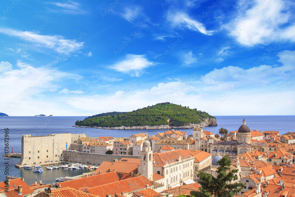 Beautiful view of the island of Lokrum near the historic city of Dubrovnik, Croatia on a sunny day.