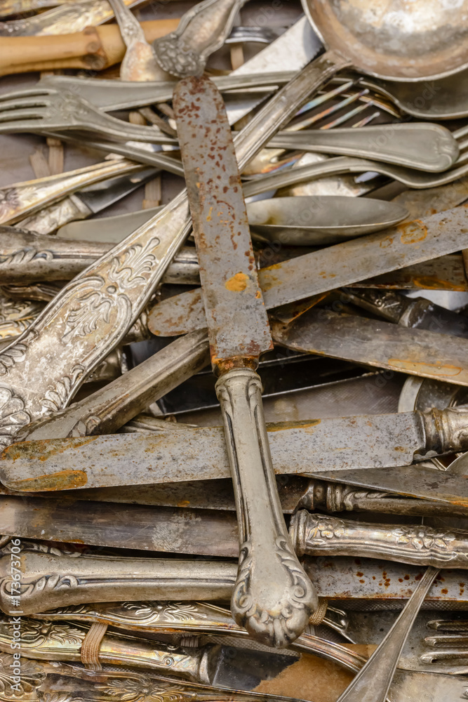 jumble of vintage cutlery on sale at street market, Chiavari , Italy Stock  Photo | Adobe Stock