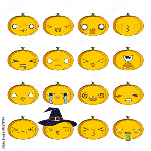 Colorful set of emoji pumpkins for Halloween.