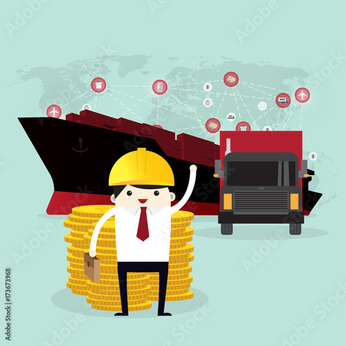 Business man and coin stack, Logistics and transportation of Container Cargo ship  in shipyard logistic import export and transport industry on world map background photo