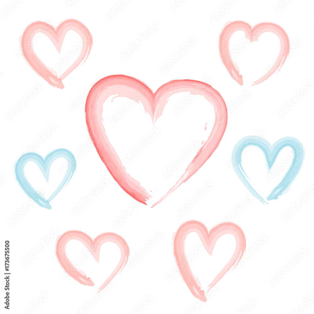 Cute watercolor hand drawn pink and blue hearts set. Isolated vector hearts for Valentine day, love greeting cards, banner and web design