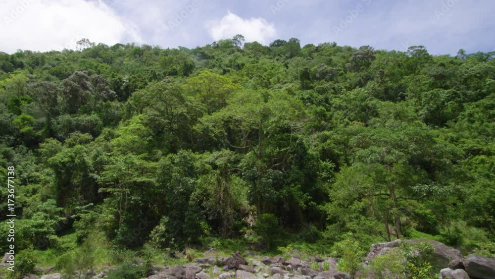 A tilting shot showing the river then the green mountain. A group of people explores the natural bodies of the earth. A tilting shot showing the river then the green mountain. A group of people explores the natural bodies of the earth.
