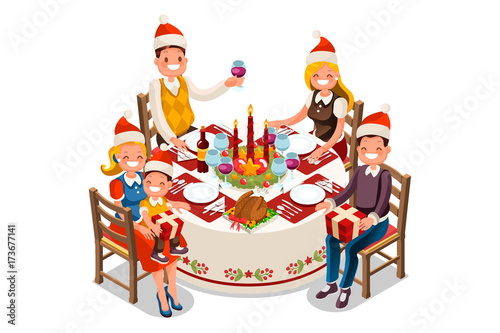 Christmas dinner party illustration. 3D flat isometric table decoration, food and vector cartoon characters