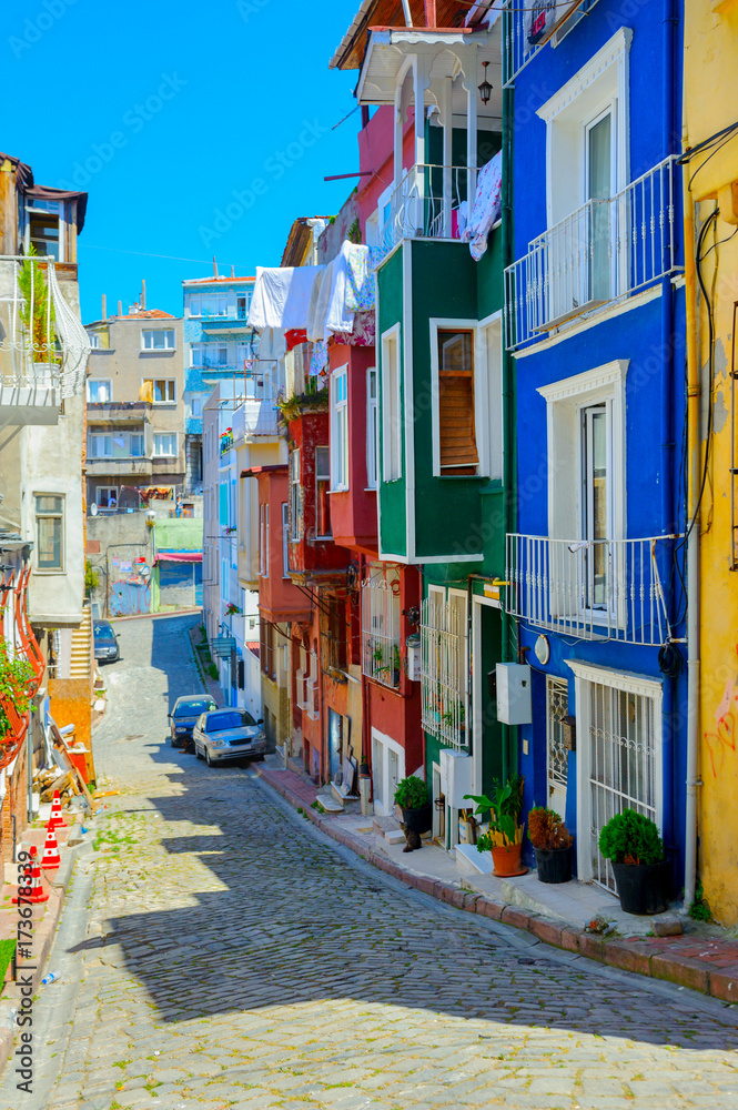 Istanbul, the streets of the old city, the houses are painted in bright colors
