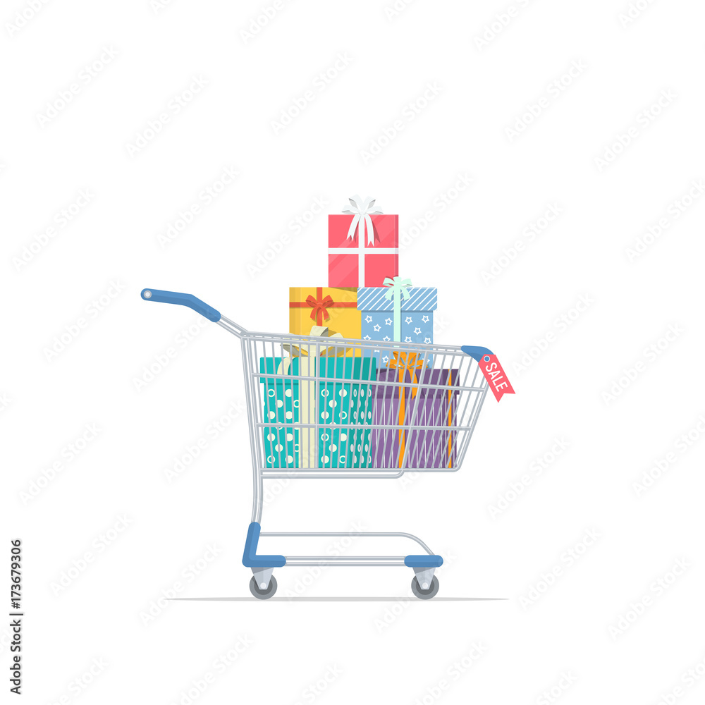 Shopping cart with gifts. Sale concept. Shopping cart with gifts. Sale concept.