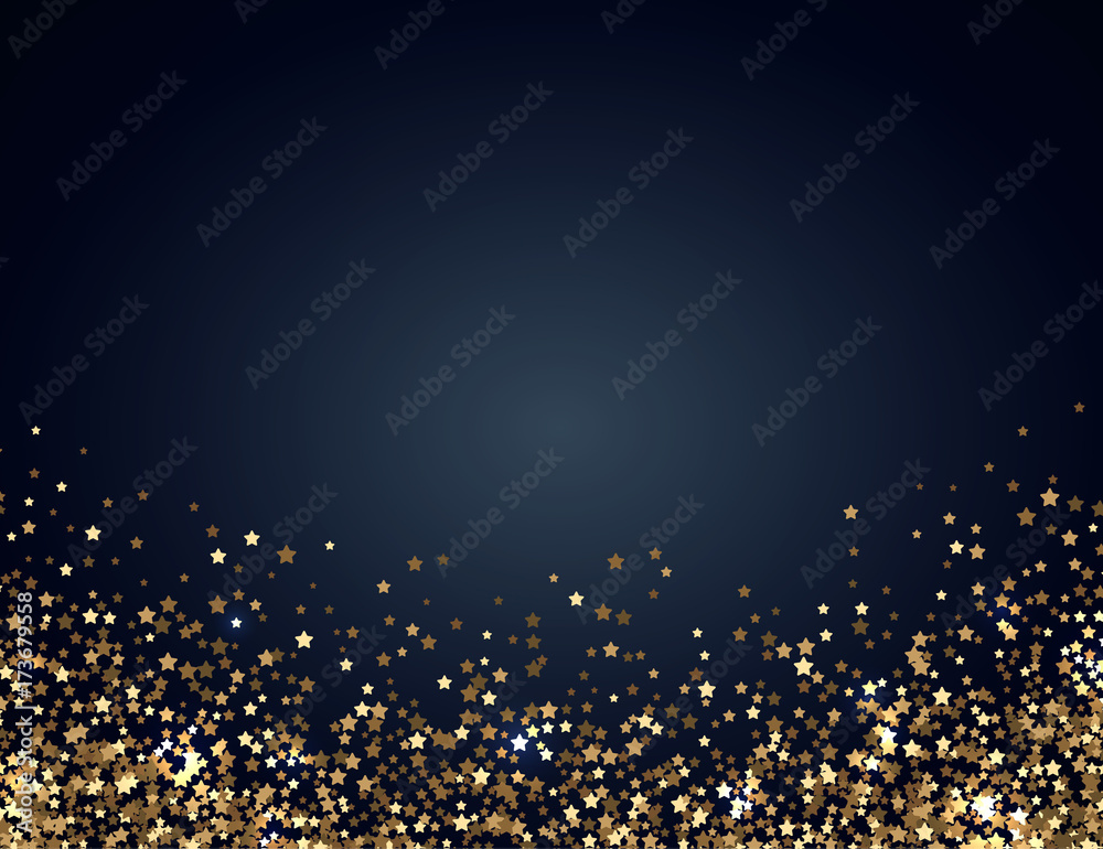 Festive horizontal Christmas and New Year background with gold glitter of stars. Vector illustration.