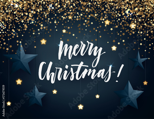 Christmas vector design with lettiering, paper and glowing stars and gold glitter on a dark background.