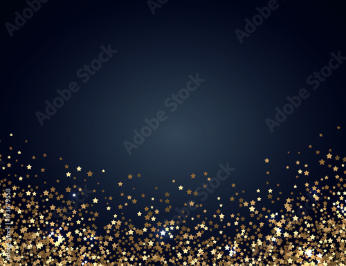Festive horizontal Christmas and New Year background with gold glitter of stars. Vector illustration.