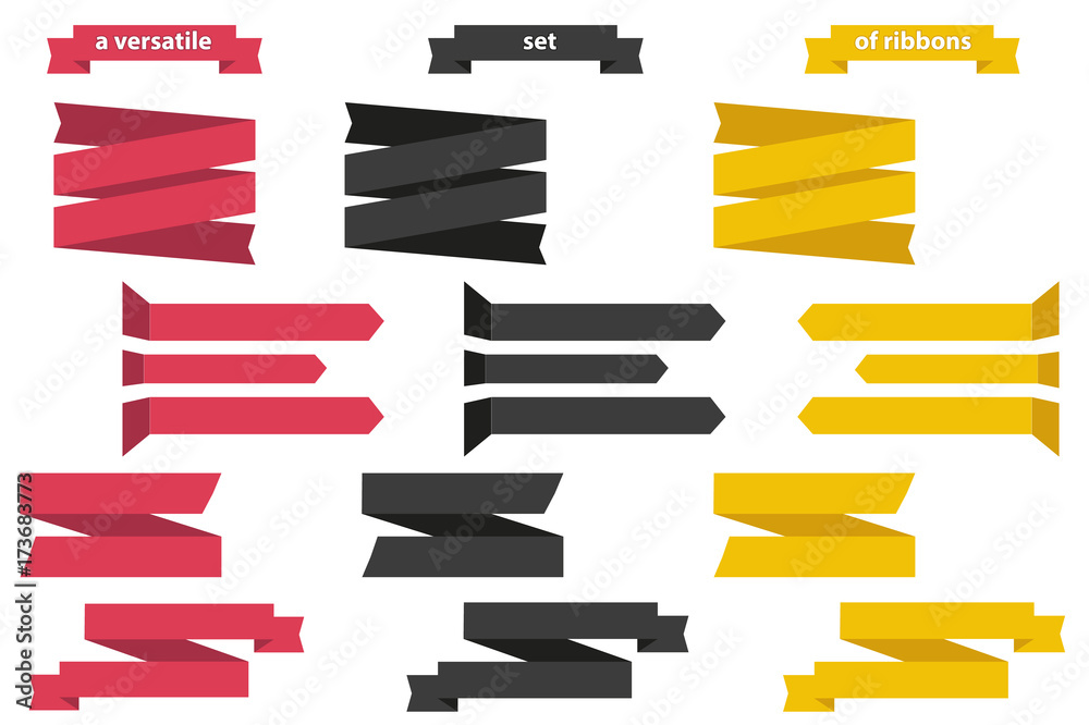 Flat vector ribbons banners flat isolated on white background, Illustration set of red, black and yellow tape.