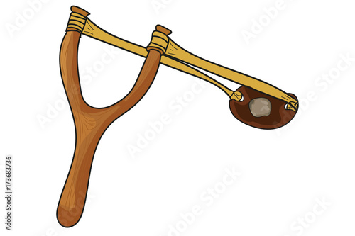 wooden slingshot with a stretched rubber band. slingshot is ready to fire.  Stock Vector