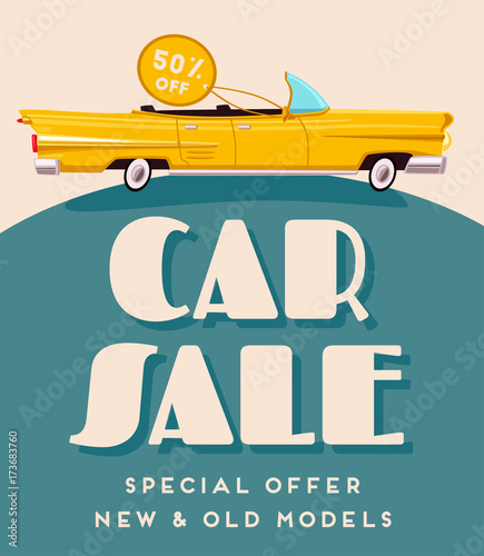 Car sale banner. Vintage auto. Cartoon vector illustration