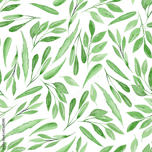 Seamless floral pattern with watercolor green branches with leaves, hand drawn isolated on a white background