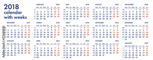 2018 calendar grid with weeks vector illustration