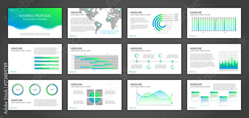 Business multipurpose presentation design template. Set of flat design slides. Infographic elements for data visualization in corporate presentation, flyer, banner, brochure, report. Infographic eleme