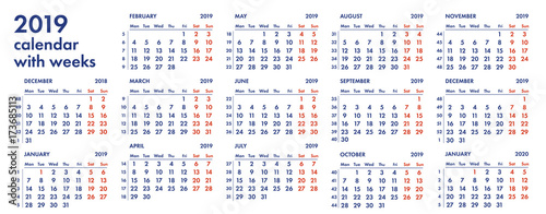 2019 calendar grid with weeks vector illustration