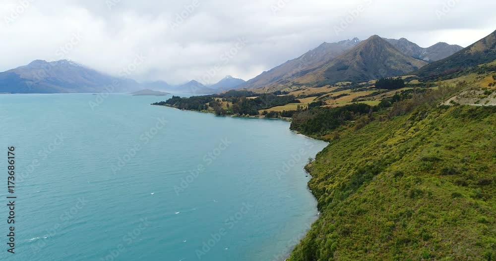 New Zealand aerial drone video nature landscape on South Island, lake Wakatipu between Queenstown and Glenorchy.