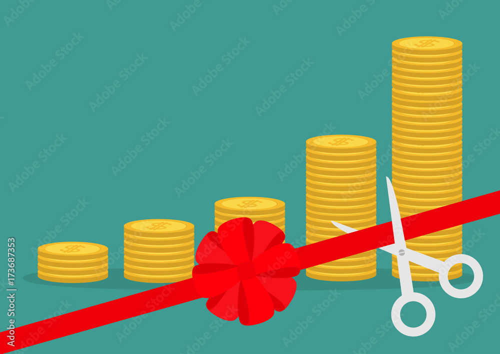 Scissors cut red ribbon bow. Business beginnings. Gold coin stacks icon ...