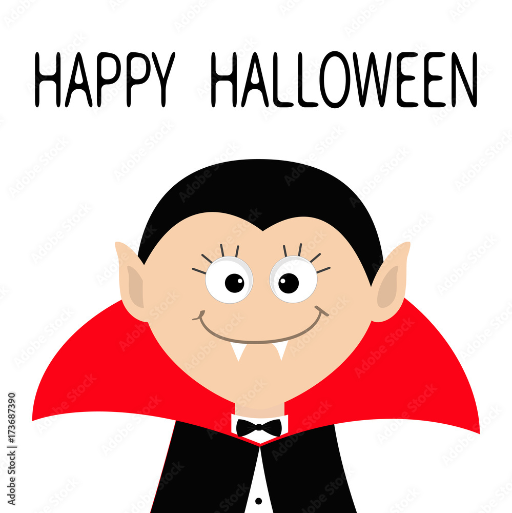 Count Dracula head wearing black and red cape. Cute cartoon vampire  character with fangs. Happy Halloween. Greeting card. Flat design. White  background. Isolated. Stock Vector | Adobe Stock