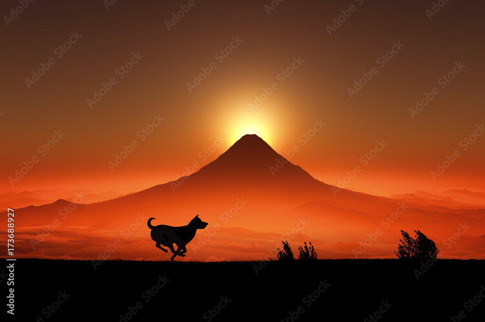 富士山の日の出と走る犬のシルエット Stock イラスト Adobe Stock
