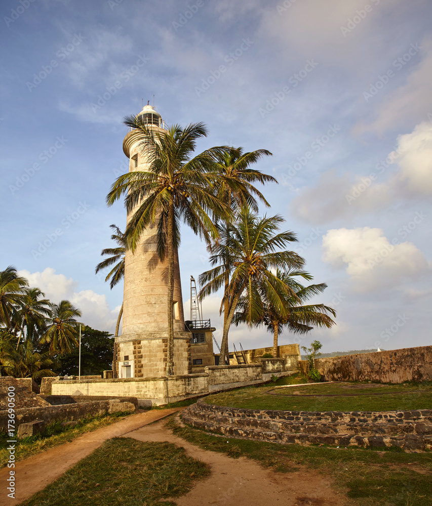 Lighthouse between palm trees in Fort Galle Sri-Lanka