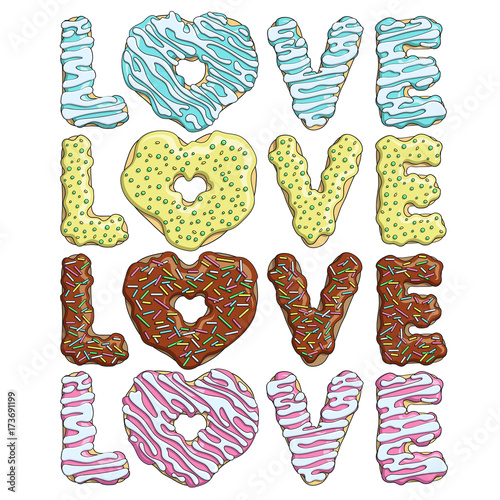 Set of colorful tasty inscriptions love from donuts. Isolated vector objects on white background.