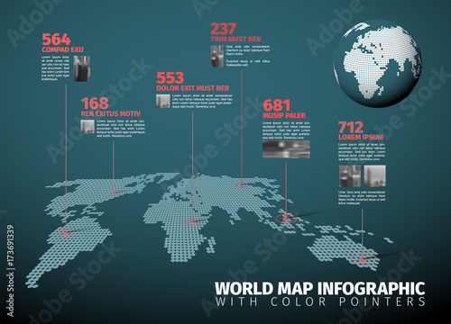  World map infographic with pointer marks