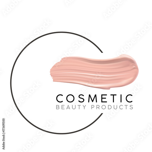 Makeup design template with place for text. Cosmetic Logo concept of liquid foundation and lipstick smear strokes.