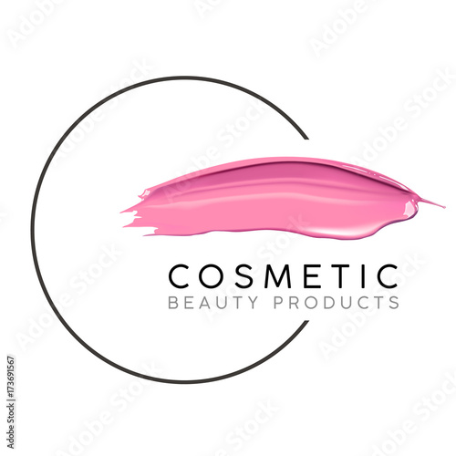 Makeup design template with place for text. Cosmetic Logo concept of liquid nail polish and lipstick smear strokes.