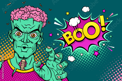 Cartoon hand drawn zombie with brains out rises his hands and Boo! speech bubble. Vector illustration in retro comic style. Colorful pop art background. Halloween monster party invitation poster.