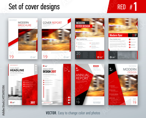 Set of business cover design template in red color for brochure, report, catalog, magazine or booklet. Creative vector background concept