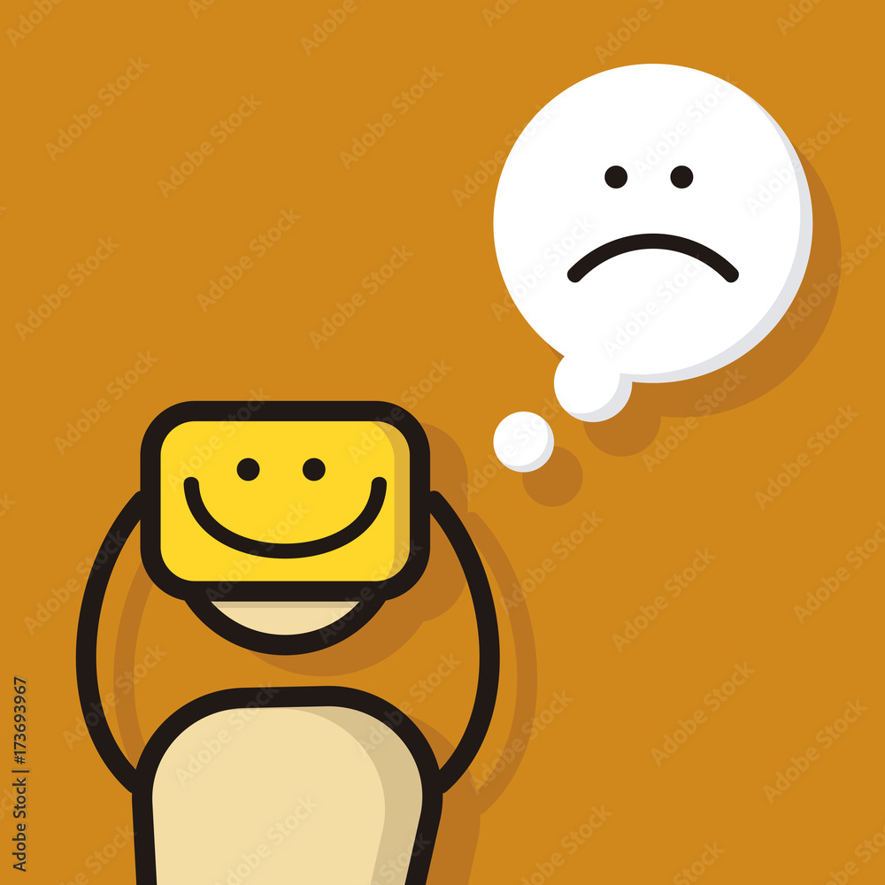 Cartoon character feeling sad but acting happy to hide his true emotions.  Vector concept illustration in eps10 Stock Vector | Adobe Stock