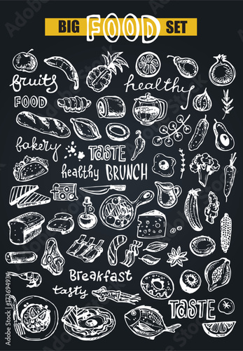 Hand drawn doodle food illustration. Big set Healthy food photo