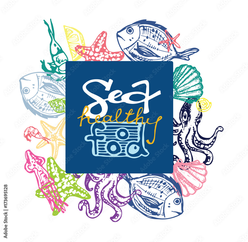 Hand drawn doodle illustration with fish, Squid, shrimp
