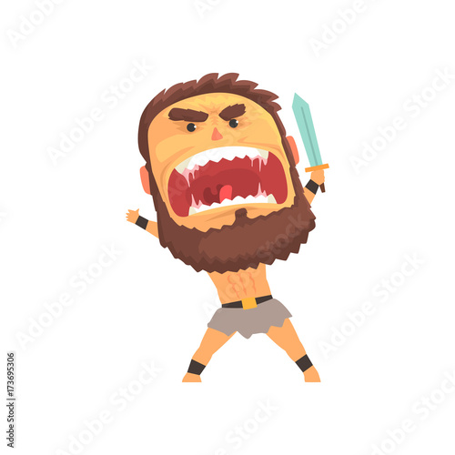 Screaming warrior attacking with sword, furious man with emotional face cartoon character vector illustration
