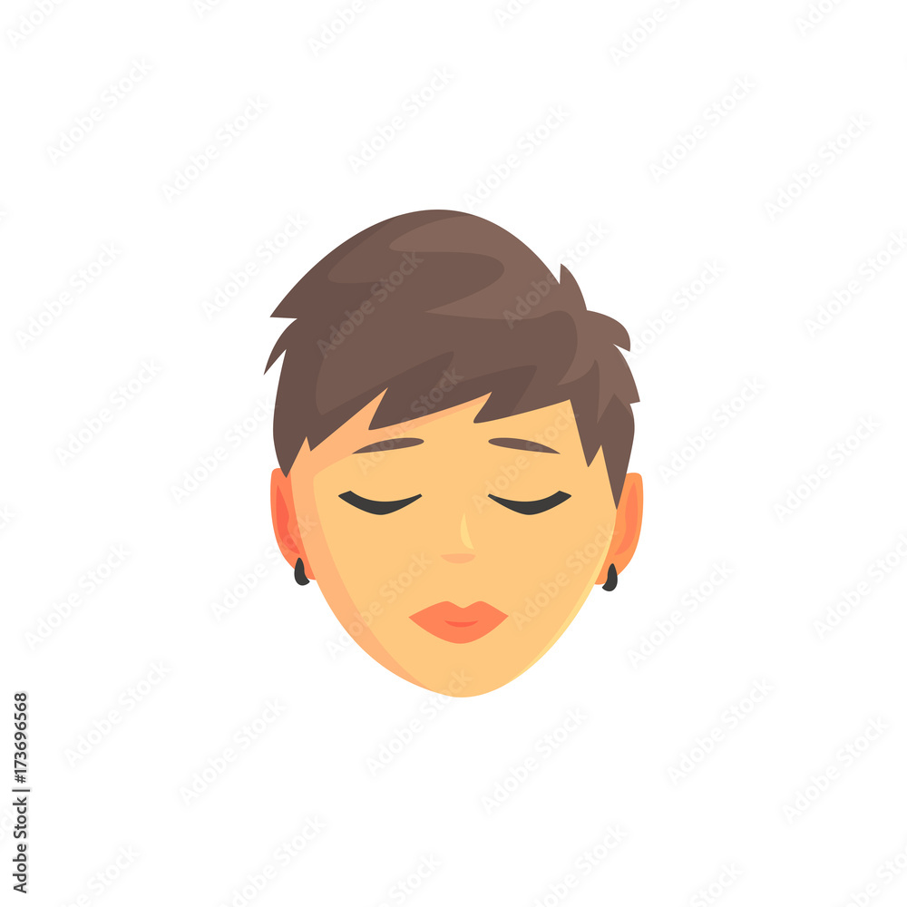 Face of a young beautiful brunette woman with short hair, positive female character cartoon vector illustration