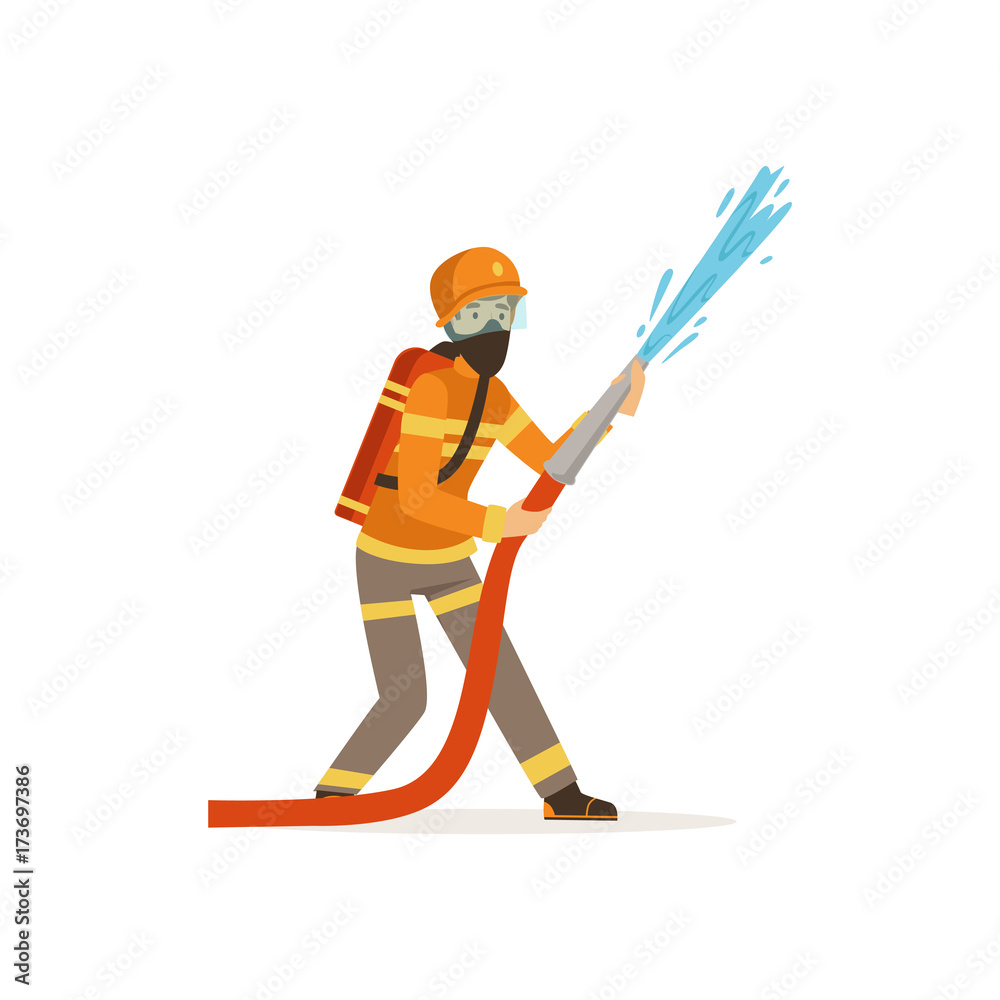 Obraz premium Fireman character in uniform and protective mask holding hose extinguishing fire with water, firefighter at work vector illustration