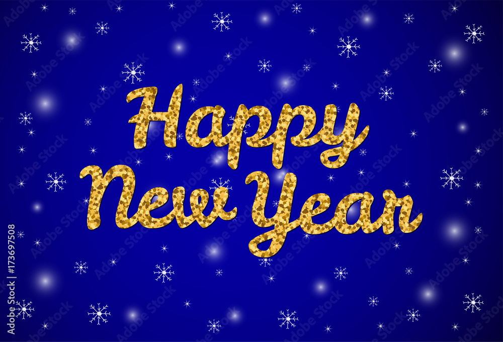 Gold text Happy New Year on the bright background with snowflakes