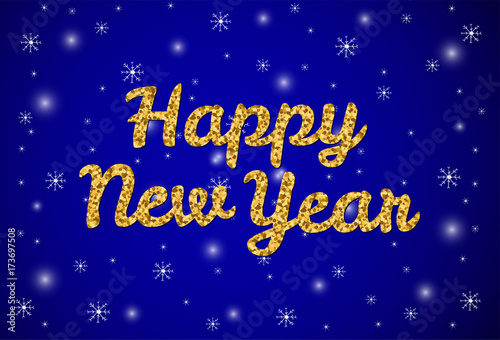 Gold text Happy New Year on the bright background with snowflakes
