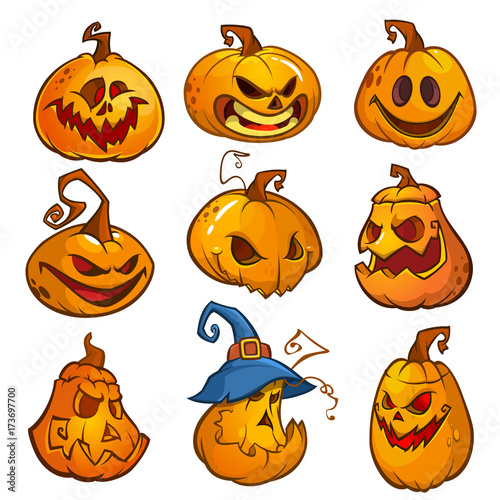 Big set of halloween pumpkins with Jack O`Lantern face, vector illustration