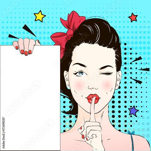 Pop Art Vintage advertising poster comic girl winks and holds a white banner calls for silence . Comic woman with speech bubble. Vector illustration