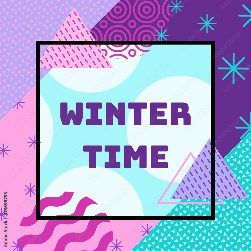 Winter holidays geometric greeting card in trendy memphis 90s style with triangles, lines, frames, party background or invitation template, banner, cover, vector illustration