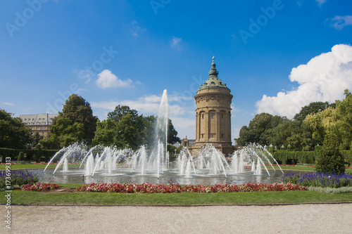 Fountains At Friedrichsplatz With Mannheim Water Tower 