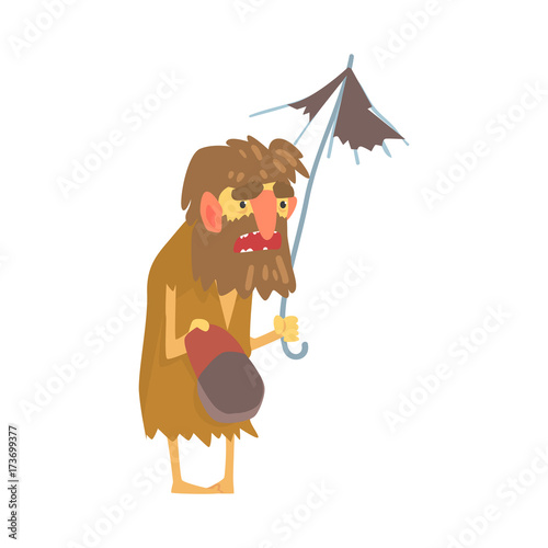 Homeless man character in dirty rags standing on the street with umbrella and cap for money, unemployment male beggar needing help vector illustration