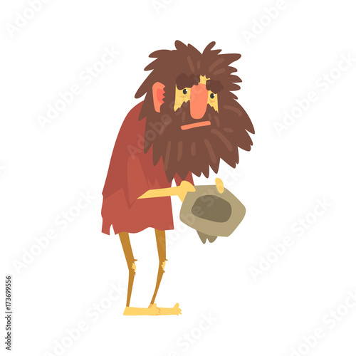 Homeless man character in dirty rags sitting on the street with hat for money, unemployment person needing help vector illustration