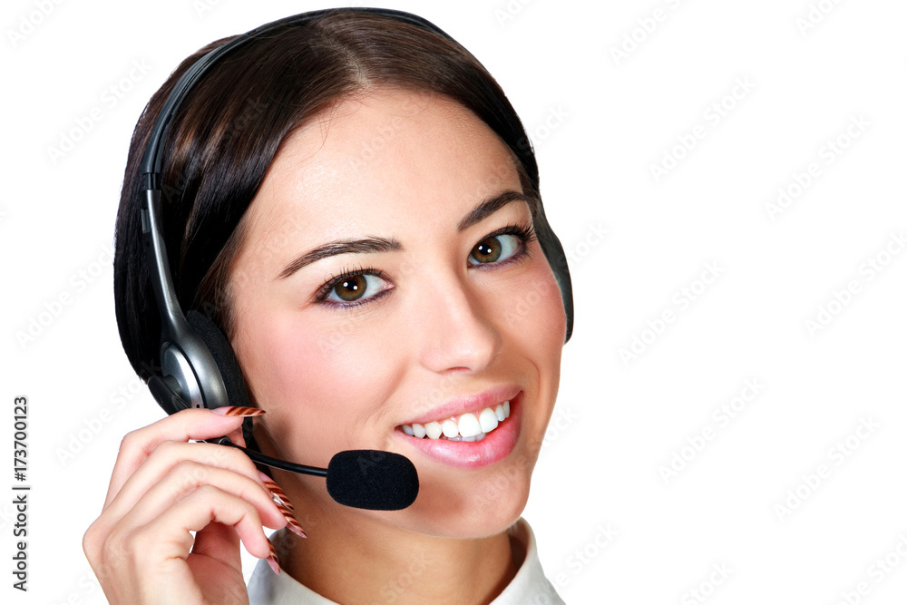 Closeup shot portrait of a smiling customer service girl isolated on white background Closeup shot portrait of a smiling customer service girl isolated on white background