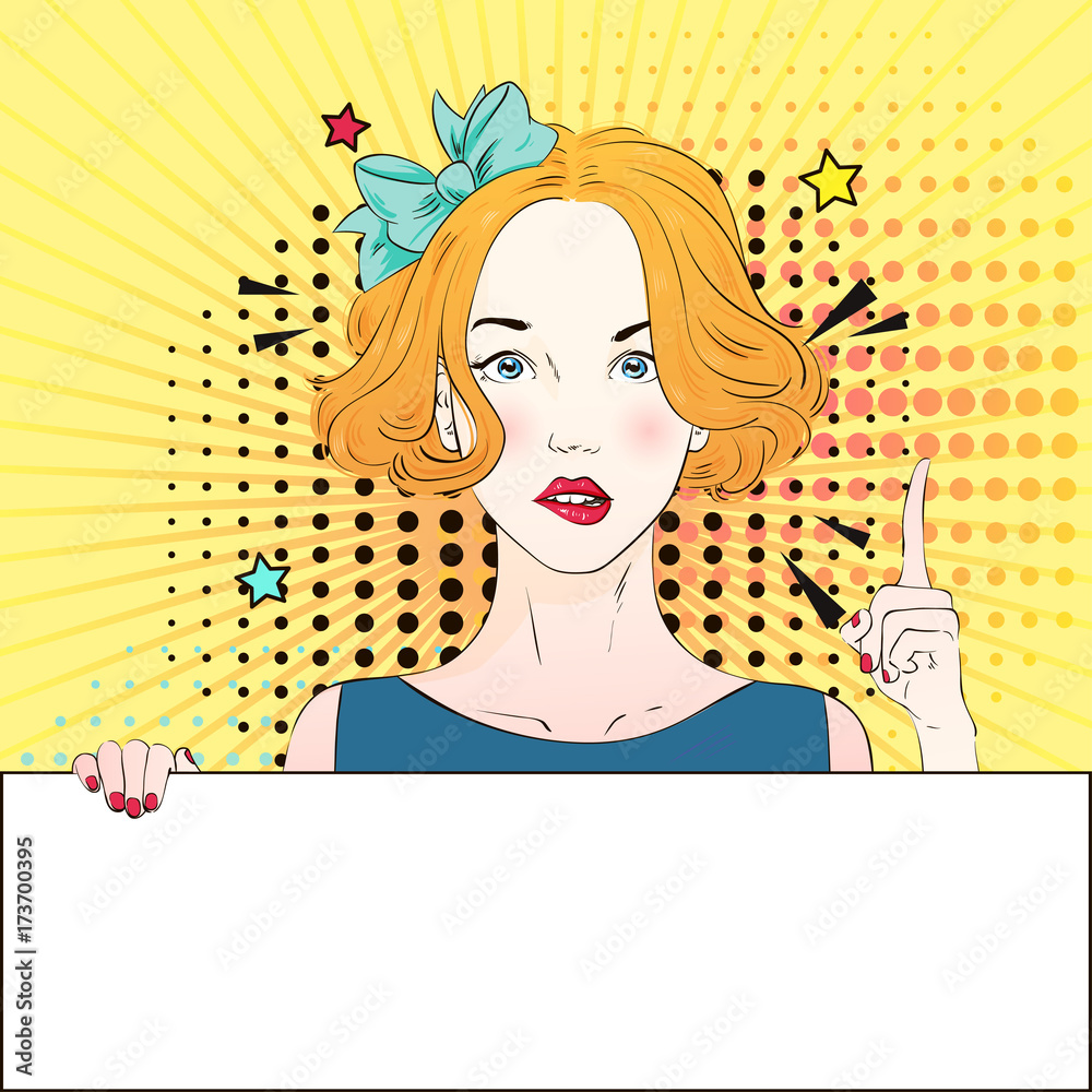 Pop Art Vintage advertising poster comic girl holds a white banner and ...