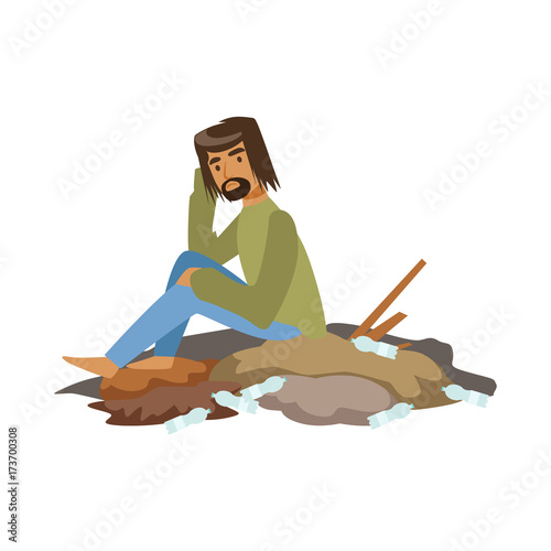 Homeless man begging in street, unemployment man needing help vector illustration