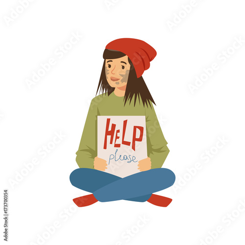 Homeless young woman character sitting on the street and holding signboard asking for help, unemployment man needing help vector illustration