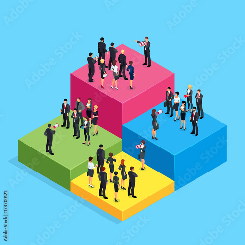 Isometric business concept of teamwork and competition.
